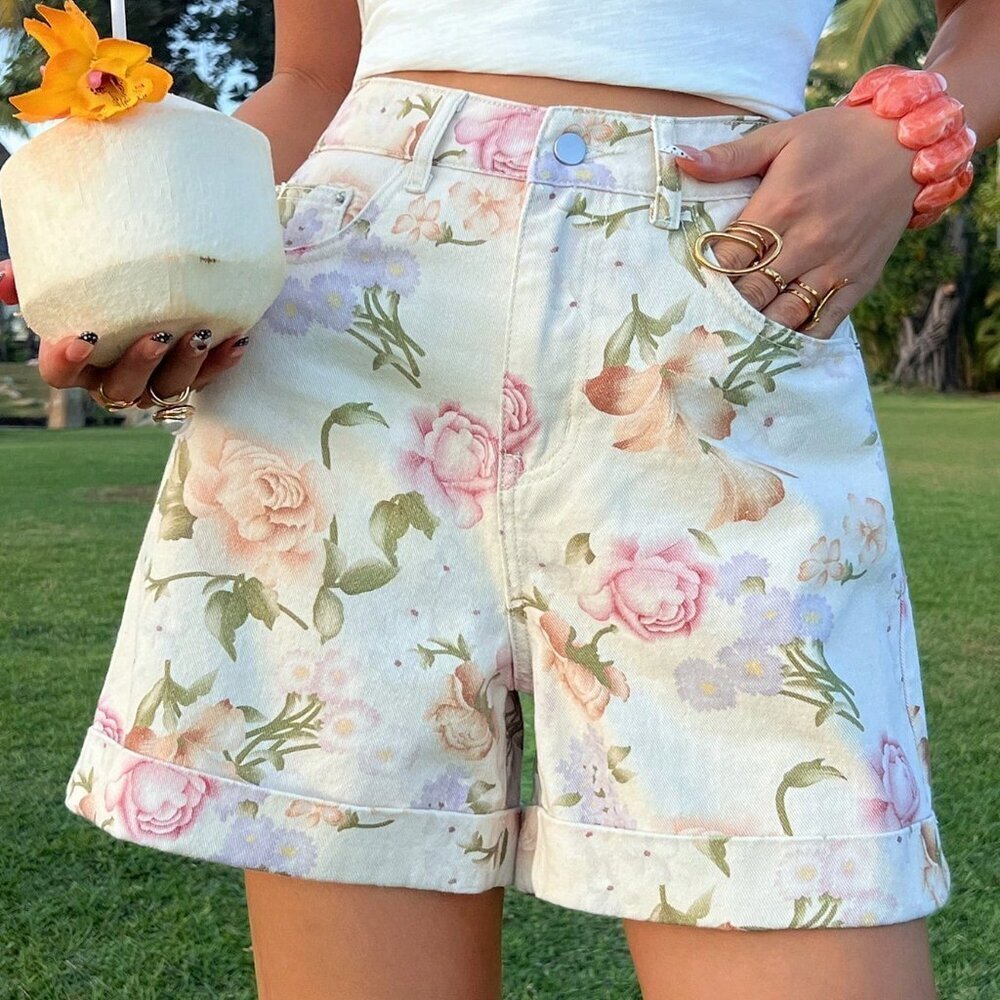 White Boho Women's High Waist Printed Casual Denim Shorts - Picture 3 of 6